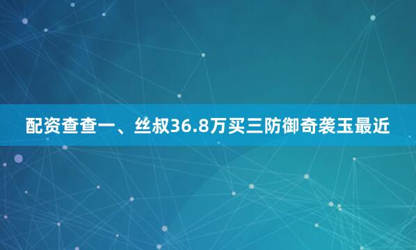 配资查查一、丝叔36.8万买三防御奇袭玉最近